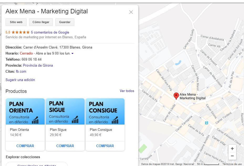 Captura ficha negocio alex mena como aparecer en google maps con productos